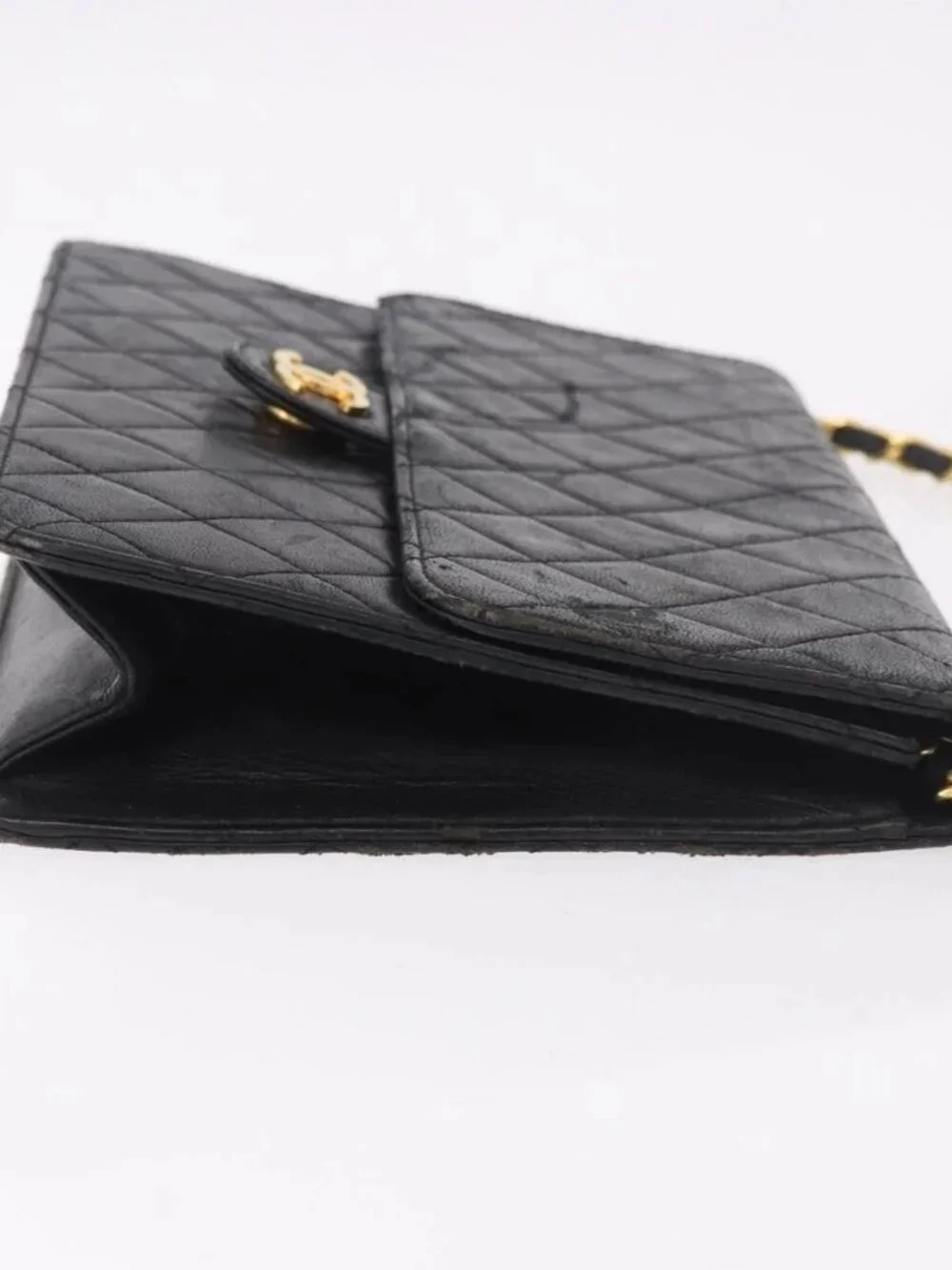 CHANEL Chain Shoulder Bag Lamb Skin Black Gold CC Auth 143810